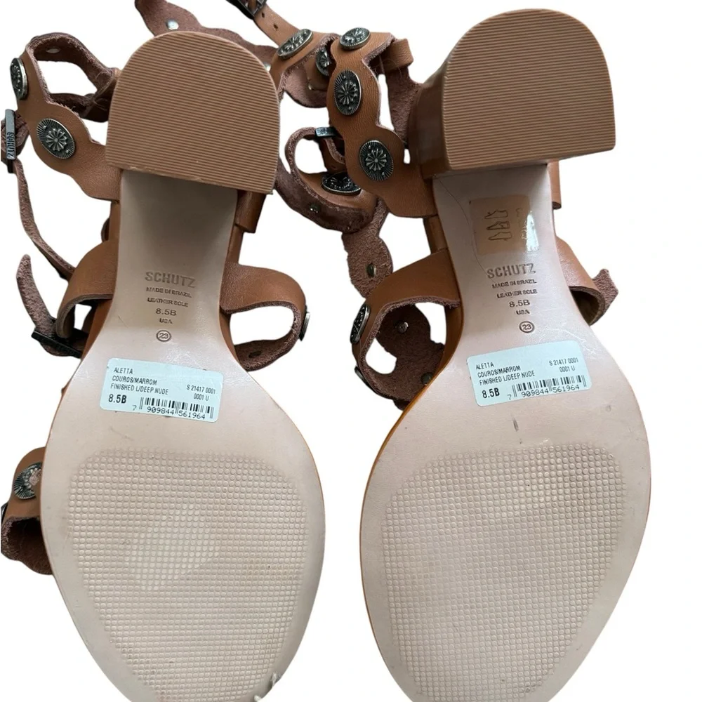 Schutz Aletta Tan Gladiator Leather Studded Block Heel Sandals 8.5